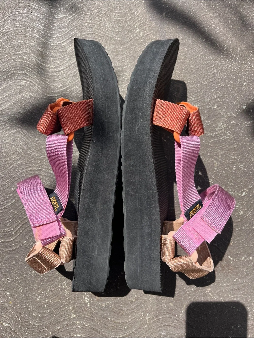 Teva Multicolor Sparkly Strap PlatformSandals in Pink, Orange and Tan